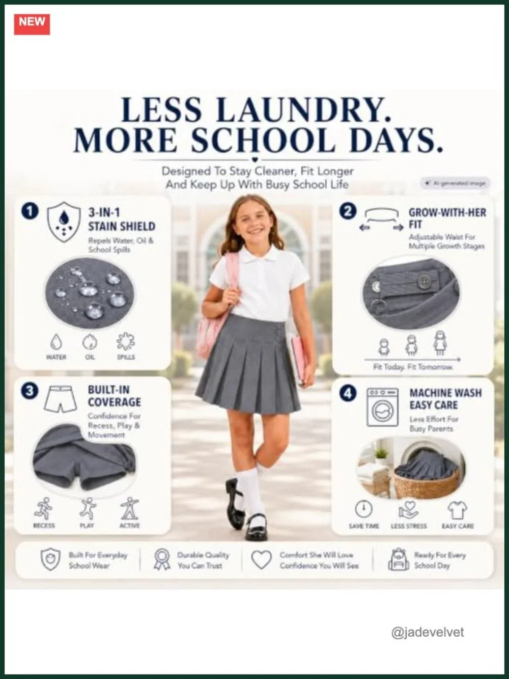 Girls School Uniform Pleated Skort Adjustable Waist Stretchy